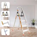 Prime Safe-T 4Step (3+1) Foldable Aluminium Ladder for Home and Office Use with Hand-Rails | Anti-Skid PVC Shoes | Garment Guards | Heavyduty Antiskid Platform