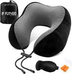 FLYNGO Memory Foam Neck Pillow for Travel Neck Support Pillow with Rest Eye Mask, Noise Isolating Ear Plugs Portable Combo (Black, pack of 1)