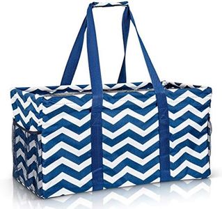 Lucazzi Extra Large Utility Tote Bag, Oversized Collapsible Reusable Wire Frame Rectangular Canvas Basket With Two Exterior Pockets For Beach, Pool, Laundry, Car Trunk, Storage - Chevron Navy