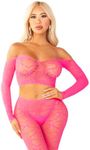 Leg Avenue Women’s 2 PC Heart Lingerie Long Sleeve Crop Top with Footless Tights, NEON PINK, O/S