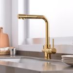 B Backline Brass Kitchen Mixer tap with RO Drinking Water Outlet | Double Lever Faucet for Kitchen Sink | Sink Tap with 360° Spout Rotation | Hot & Cold Kitchen Sink Faucet (Gold Glossy)