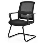 COSTWAY Meeting Office Chairs, Mid-Back Mesh Reception Chair with Adjustable Lumbar Support and Sled Base, Padded Conference Armchairs Executive Computer Desk Chair (1, Black, 60x57x95cm)