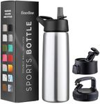 Triple Insulated Stainless Steel Water Bottle with Straw Lid - Flip Top Lid - Wide Mouth Cap (750 ML) Insulated Water Bottles, Keeps Hot and Cold - Great for Hiking & Biking (Brushed Stainless Steel)