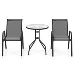 TANGZON 3 Pieces Patio Bistro Set, Round Outdoor Glass Dining Table and 2 Stacking Chairs, Metal Frame Garden Dining Furniture Sets for Balcony Porch Backyard Poolside Lawn