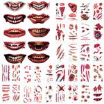 40Sheets Halloween Tattoo Scar Stickers, Big Mouth Wounds Blood Zombie Makeup Tattoo Stickers Halloween Temporary Scab Face Tattoos for Adult Masquerade Halloween Cosplay Party Makeup Props