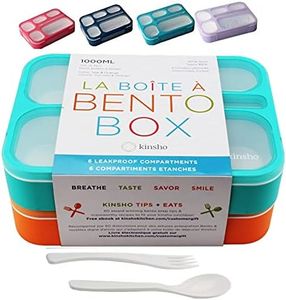 kinsho Bento Box for Kids, Lunch Boxes Snack Containers with 6 Compartments for School, Boy Girl Adults Leakproof BPA Free Teal + Orange 2 pack set