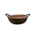 HomeEssentials Cast Iron Kadai with Wooden Lid | Pre Seasoned Iron Kadai with Handles and Flat Base | Iron Wok for Cooking | Uncoated Kadai for Electric Induction (25cm)