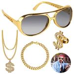 4 Piece Dollar Chain Set, Dollar Sign Necklace Rings Sunglasses Gold Chain Set, Hip Hop Costume Set, Hip Hop Costume Accessories Set, 80s 90s Costumes Outfits and Accessories, gold, M