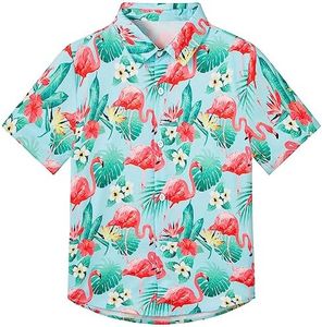 Boys Aloha Shirt Size 8-9 Years Old Green Short Sleeve Button Down Tops Cute Flamingo Lightweight T-Shirts for Seaside