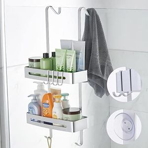 Over the Door Shower Caddy, Hanging Shower Shelves Rust Proof Aluminum Bathroom Tub Storage Rack with Hooks and Baskets for Shampoo Conditioner Towel