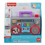 Fisher-Price Laugh & Learn Busy Boombox - UK English Edition, retro-inspired musical infant activity toy with learning content for baby and toddlers, GYC18