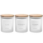 Ezebesta 3PCS Modern 13.53oz Transparent Bathroom Canisters with 12 Labels & Wooden Lid Thick Glass Jar Set Qtip Holder for Cotton Ball & Pads Storage Organization Minimalist Decor