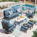 PHI VILLA 6 Piece Patio Furniture Sets with 1 x 3-Seat Deep Seating Bench, 2 x Cushioned Swivel Sofa Chairs, 1 x Coffee Table & 2 Ottoman, Outdoor Metal Conversation Set for Lawn Garden, Navy Blue