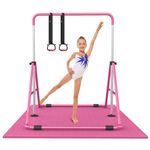 RINREA Gymnastic Bars for Kids with Adjustable Height, Folding Gymnastic Training Kip Bar, Junior Expandable Horizontal Monkey Bar for Home (Pink_Mat)