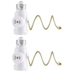 DiCUNO Light Bulb Outlet Socket Adapter with Pull Chain, E26 Light Socket to 2-Prong Polarized Electrical Outlet Converter for Christmas Lights, Porch Lights, UL Listed, Golden Chain, White, Pack of 2