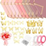 218 Pcs Flower Bouquet Wrapping Paper Kits, 50 Sheets Pink Series Christmas Waterproof Floral Wrapping Paper 60 Gold Butterfly 100 Flower Pins 5 Gold Crowns 3 Rolls Ribbon for Birthday Party