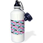 3dRose Bold Mustache Pattern-Pink Purple Blue and Black Mustaches-Girly Trendy Teen Cool Fun Design Sports Water Bottle, 21 oz, White