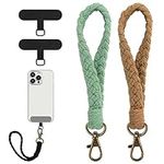 2 Pack Boho Phone Wrist Strap Handmade Macrame Mobile Phone Lanyard with 2 Pcs Phone Tether Tab, Anti Theft Lanyard for Phone Compatible with Most Smartphones for Women Men (1 Green, 1 Brown)