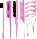 Hair Styling Tool Set: Combs, Triple Teasing Brush, Edge Brush, Rat Tail Combs, Braid Loop with Clips for Women, Girls, Kids and Stylists