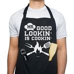 VAGAVY - Mr Good Lookin Is Cookin Men Apron with Pockets - Bottle Opener and Gift Box Included - Black Funny Aprons for Men, Dad, Husband - Birthday, Fatherââ‚¬â„¢s Day Grilling Gifts for Papa, Husband