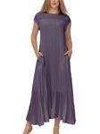 HOULENGS Women's 2024 Casual Short Sleeve Pleated Maxi Dress Loose Fit Crewneck Flowy Long Dress with Pockets, Darkpurple, X-Large