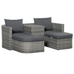 Outsunny 3 Piece Rattan Garden Furniture Set with Cushions, Patio Wicker Conversation Double Chaise Lounge Furniture Set with Convertible Middle Table, Mixed Grey