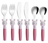 Exzact Children Cutlery 6pcs /Kids Silverware Stainless Steel Flatware - 2 x Forks, 2 x Safe Dinner Knives, 2 x Spoons - Dishwasher Safe, BPA Free 24 Month+ (Rabbit x 6)