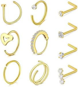 MODRSA Nose Rings Hoops Nose Ring L Shaped Nose Rings Studs Silver Gold Nose Hoops Nose Piercings Jewelry 20g 22g Nose Screw Studs Surgical Stainless Steel Corkscrew Nose Rings for Women Men, Metal,