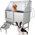 PioneerWorks 62" Dog Washing Station, Professional Dog Grooming Tub with Removable Stairs, Floor Grille, Faucet, Stainless Steel Pet Grooming Station for Large, Medium, Small Pets