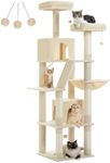 PAWZ Road 180cm Large Cat Tree for Indoor Cats, Multi-Level Cat Tower Cat Scratching Post with 2 Perches, 2 Condos, Hammock and 2 Pompoms Beige