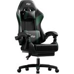 HLDIRECT Gaming Chair for Adults, Ergonomic Computer Chair with Footrest & Linkage Armrest, High Back Gamer Chair with Lumbar Support, Adjustable Game Chair, 360° Swivel, 300LBS (Black&Green)