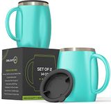 Stainless Steel Insulated Coffee Mugs Set of 2 (14oz) Double Wall Coffee Cups with Spill Resistant Lid & Handle – Shatterproof Cups for Cold & Hot Drinks for Indoor & Outdoor Use (Aqua Blue, 14 oz)