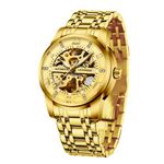 A ALPS Men's Analog Watch Mechanical Stainless Steel Skeleton Waterproof Automatic Self-Winding Rome Number Diamond Dial Wrist Watch, Dial Color_Gold