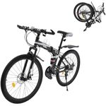 26 Inch Folding Mountain Bike, 21-Speed Transmission Foldable Mountain Bicycle with Dual Disc Brakes, High-carbon Steel Frame Bike with Mudguard & Cup Holder, 80-95cm Adjustable Soft Seat Height