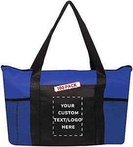 DISCOUNT PROMOS Personalized Zippered Non-Woven Tote Bags with Zipper Set of 10/50/100 Customizable Text, Logo - Mesh Pocket, Zippered, Recyclable, Reusable - Blue