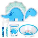 Lehoo Castle Toddler Plates and Bowls Set, Kids Dinnerware Set Includes Toddler Utensils, Bowl, Kids Plate, Divided Kids Dishes(5 Piece Dinosaur)