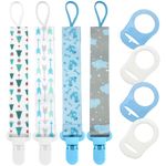 4X Dummy Clips Baby Pacifier Holder Soother Clip Chain Straps with Plastic Clasp, 4X Silicone Ring Adapter, Fit All Dummies & Soothers & Teething Toys (Blue)