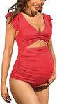 Charmo Maternity Swimsuits High Waisted Ruched Pregnancy Bathing Suits Ribbed Ruffle One Piece Swimwear Red L