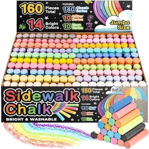 160 Pcs Jumbo Sidewalk Chalk for Kids - Bulk Set with 140 Classic, 10 Glitter, and 10 Neon Washable Chalks - Non-toxic Paint Outdoor Chalk for Kids and Toddlers - Big Bucket Chalk for Party