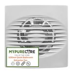 MYPURECORE 100mm Silent Bathroom Extractor Fan with Timer & Hygrostat - IPX4 Water-Resistant, Efficient Humidity Control for Kitchens, Showers, and Workshops, Durable ABS with UV Protection