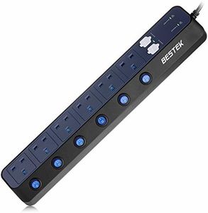 BESTEK Individually Switched Extension Lead 6 Way Plug Socket 900J Surge Protector with 4-Port (5V/6A) USB Power Strip 3250W/1.8M