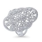 BERRICLE Rhodium Plated Sterling Silver Cubic Zirconia CZ Statement Flower Art Deco Filigree Cocktail Fashion Right Hand Ring