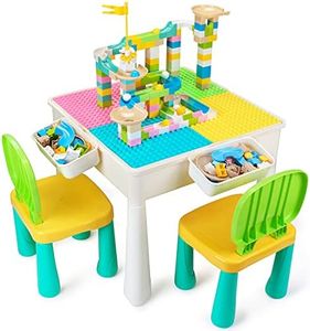 GobiDex 7 in 1 Multi Kids Activity Table Set with 2 Chairs and 100 Pcs Large Size Blocks Compatible with Classic Blocks.Water Table,Sand Table and Building Blocks Table for Toddlers Activity