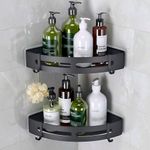 Mayhomy Shower Shelves Corner Caddy - 2 Piece No-Drill Shower Shelf Organizer, Adhesive Bathroom Shampoo Holder with 4 Hooks (Matte Black)