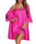 Ekouaer Sleepwear Women's Satin Nightgown with Robes Set 2 Piece Sexy Lace Cami Nightwear Bridal Robes Hot Pink L