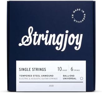 Stringjoy SST10 Single Electric Guitar Strings, .010 Gauge for Acoustic & Electric Guitar - High-Carbon Steel E Strings, Individually Sealed single guitar strings Guitar E String - 6 Pack