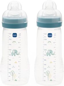 MAM Easy Active Bottles | 2 Pack (2 x 330ml) | Fast Flow MAM Teats Size 3 | Baby Accessories | Powder Blue (Various Designs)