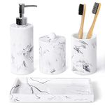 Haturi Bathroom Accessory Set, 4 Pcs Marble Look Bathroom Accessories Sets Complete with Soap Dispenser, Toothbrush Holder, Apothecary Jar, Tray, Home Apartment Modern Bathroom Decor Vanity Countertop