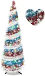 5FT Pop Up Christmas Tree with 90 Colorful LED Lights 8 Modes, Collapsible Tinsel Christmas Tree Small Pencil Christmas Tree for Home Office Holiday Party Decor(Red White Blue)