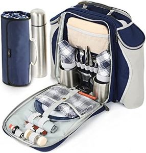 Greenfield Collection 2 Person Deluxe Picnic Set Rucksack With Flask With Matching Picnic Blanket; Picnic Hamper Includes Cutlery Set; Perfect Waterproof Coolbag Backpack for Outdoors - Navy
